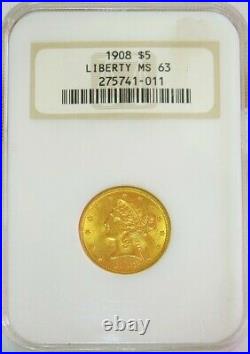 1908 Gold United States $5 Liberty Head Half Eagle Coin Ngc Mint State 63