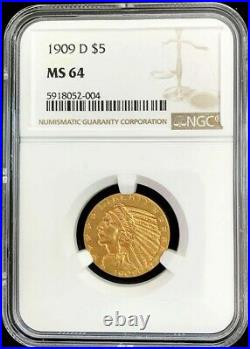 1909 D Gold Us $5 Dollar Indian Head Half Eagle Coin Ngc Mint State 64