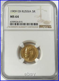 1909 Eb Gold Russia 5 Roubles Nicholas II Coin Ngc Mint State 64