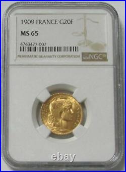 1909 Gold France 20 Francs Rooster Coin Ngc Mint State 65
