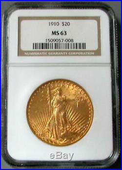 1910 Gold $20 Saint Gaudens Double Eagle Coin Ngc Mint State 63