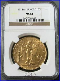 1911 A Gold France 100 Francs Standing Genius Coin Ngc Mint State 61