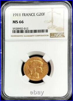 1911 Gold France 20 Francs Rooster Coin Ngc Mint State 66