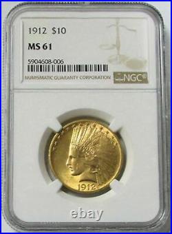 1912 Gold United States $10 Indian Head Eagle Coin Ngc Mint State 61