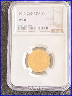 1913 George V Canada Gold $5 Graded MS61 by NGC. Rare Low Mintage