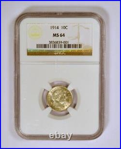 1914 Barber Dime Uncirculated Graded MS64 or Mint State 64 by NGC