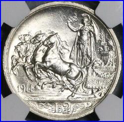 1914 NGC MS 63+ Italy 2 Lire Horses Chariot Silver Mint State Coin (22062701C)