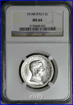 1914 NGC MS 64 Italy 2 Lire Horses & Chariot Mint State Silver Coin (20050902C)