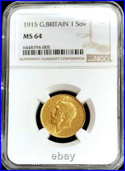 1915 Gold Great Britain 1 Sovereign King George V Coin Ngc Mint State 64