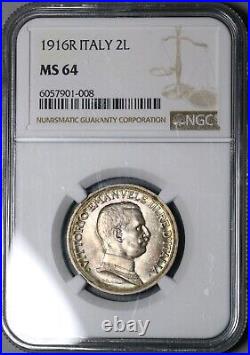 1916 NGC MS 64 Italy 2 Lire Horses Chariot Silver Mint State Coin (22082503C)