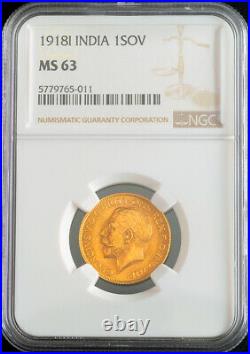 1918-I, India (British), George V. Gold Sovereign Coin. Bombay mint! NGC MS-63