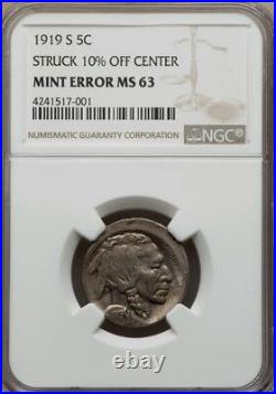 1919-s Buffalo Nickel 5c Ngc Ms63 Mint Error 10% Off-center, Super Rare
