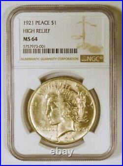 1921-P HIGH RELIEF Silver Peace Dollar, Philadelphia Mint, Graded MS64 by NGC