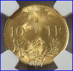 1922 B Gold Switzerland 10 Francs Helvetia Coin Ngc Mint State 65