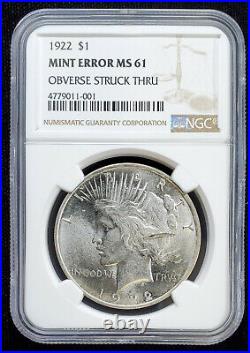 1922 Peace Dollar 1$ NGC Mint Error MS61 Obverse Struck Thru