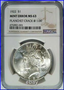 1922 Silver Peace Dollar NGC MS 63 Cracked Defective Planchet Crack Mint Error