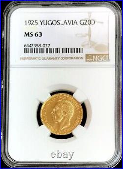 1925 Gold Yugoslavia 20 Dinara Alexander I Coin Ngc Mint State 63