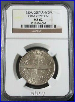 1930 Silver Weimar Republic Germany 3 Reichsmark Graf Zeppelin Ngc Mint State 62