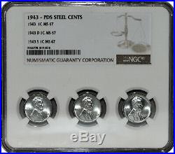 1943 P + D + S 1c Lincoln Steel Wheat Cent NGC MS 67 Three Coin Lot Tri-Holder