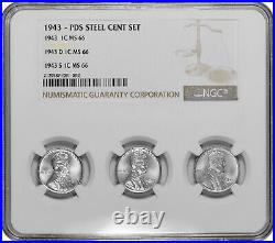 1943 P D S 1c Lincoln Steel Wheat Cent Set NGC MS 66 Three Coin Lot Tri-Holder