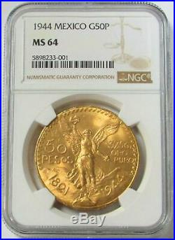 1944 Gold Mexico 50 Pesos Winged Victory Coin Ngc Mint State 64