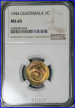 1944 NGC MS 65 Guatemala 1 Centavo Quetzal Bird Maya Mint State Coin (21042105D)
