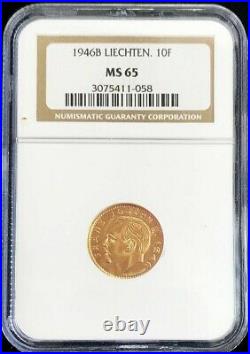 1946 B Gold Liechtenstein 10 Franken Coin Ngc Mint State 65