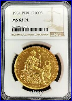 1951 Gold Peru 100 Soles Coin Ngc Mint State 62 Proof Like Only 8,241 Minted