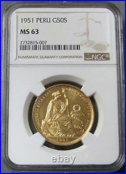 1951 Gold Peru 50 Soles Only 5,292 Minted Ngc Mint State 63