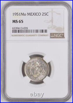 1951 Mexico 25 Centavos Silver Coin NGC MS 65