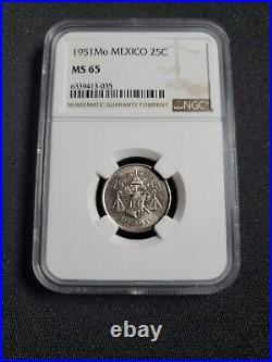 1951 Mexico 25 Centavos Silver Coin NGC MS 65