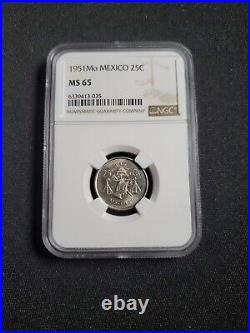 1951 Mexico 25 Centavos Silver Coin NGC MS 65