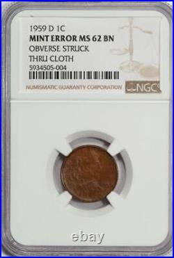 1959 D NGC MS62 Struck Thru Cloth Copper Lincoln Cent Mint Error Amazing Coin
