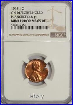 1963 NGC MS65RD Struck On Defective Holed Planchet Lincoln Cent Mint Error Wow