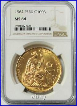 1964 Gold Peru 100 Soles Seated Liberty Coin Ngc Mint State 64