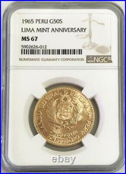 1965 Gold Peru 50 Soles Lima Mint Anniversary Coin Ngc Mint State 67