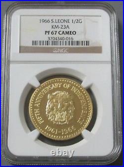 1966 GOLD SIERRA LEONE 600 MINTED 1/2 GOLDE NGC PROOF 67 CAMEO GREAT LION's HEAD