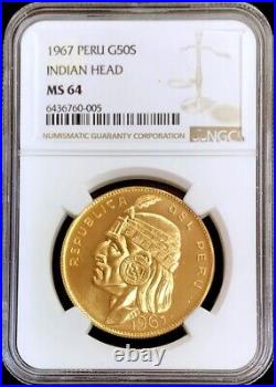 1967 Gold Peru 50 Soles Indian Inca Head Coin Ngc Mint State 64