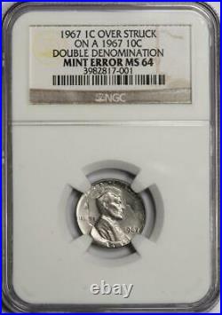 1967 NGC MS64 Cent Struck On Struck Dime Mint Error Double Denomination 2 Dates