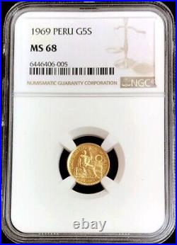 1969 Gold Peru 127 Minted 5 Soles Seated Liberty Ngc Mint State 68 Key Date
