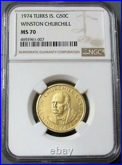 1974 Gold Turks Islands Ngc Mint State 70 Winston Churchill 50 Crowns Coin