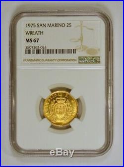 1975 San Marino 2 Scudi Gold Coin with Wreath Graded MS67 Mint State 67 by NGC