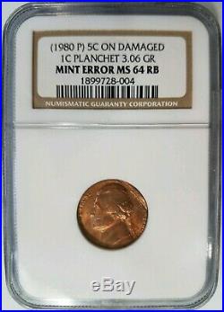 1980 Jefferson Nickel NGC MS 64 RB Struck On Cent Planchet Mint Error Off Metal
