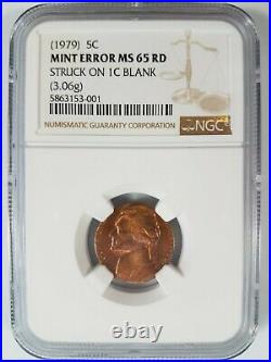 1980 Jefferson Nickel NGC MS 65 RD Struck On Cent Planchet Mint Error Off Metal