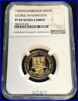 1982 Fm Gold Barbados 802 Minted $250 George Washington Coin Ngc Proof 69 Uc