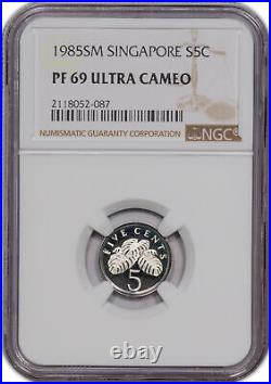 1985 Sm Singapore Silver 5 Cents Ngc Pf 69 Ultra Cameo, Toned, Top Pop, Mint 2k
