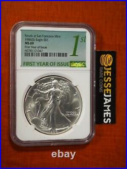 1986 (s) Silver Eagle Ngc Ms69 Struck At San Francisco Mint First Year Of Issue