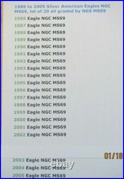 1986 to 2005 Complete American Silver Eagles Set NGC MS69 Lot of 20 in NGC Box