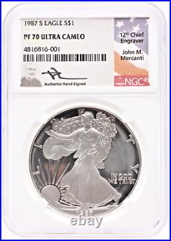 1987 S NGC PF70 Silver American Eagle Signed By John Mercanti
