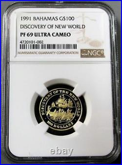 1991 Gold Bahamas 500 Minted $100 Discovery Coin Ngc Proof 69 Ultra Cameo